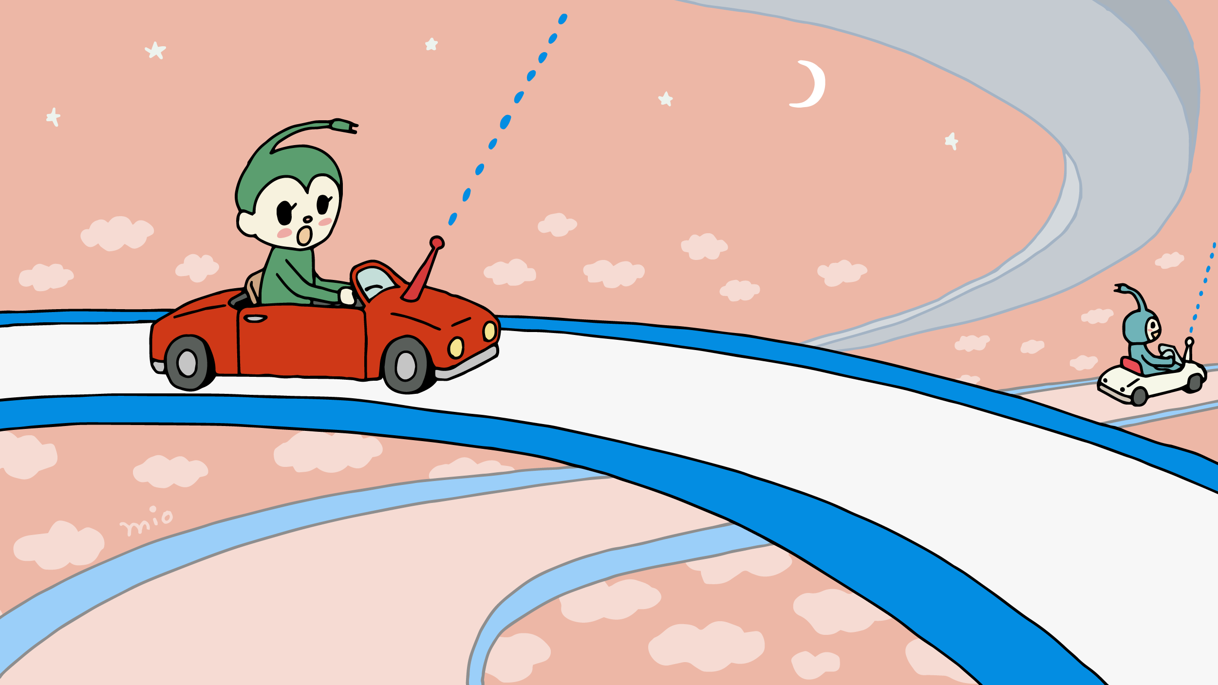 イラスト：夕焼けに染まる景色の中自動運転EVカーに乗って高速道路を走るEVの妖精